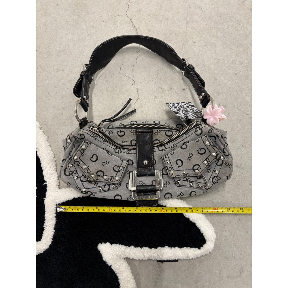 Guess Vintage Monogram Logo Denim Shoulder Bag Grey Black Studded Y2K Buckle - Picture 7 of 7